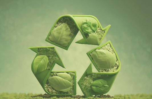 Kierrätyslogo, jossa on lehtiä nuolissa.