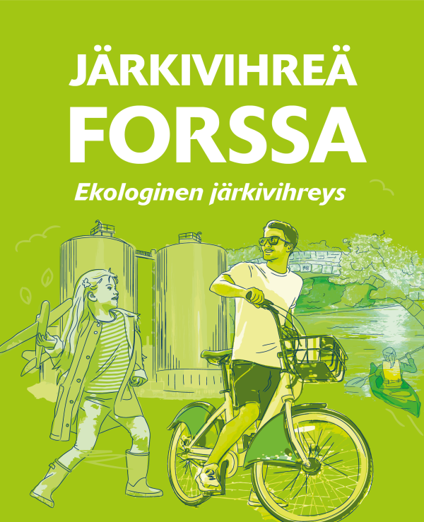 Lapsi heittää lennokkia, vieressä mies polkupyörän selässä. Taustalla kaksi säiliötä sekä silta ja joki melojineen.