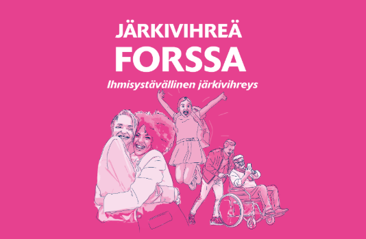 Kuvassa piirrettyjä eri-ikäisiä hyväntuulisia ihmisiä vaaleanpunaisella taustalla.