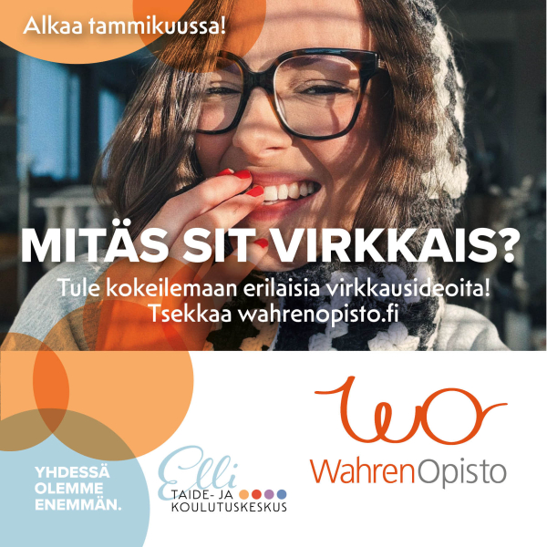 Wahren-opiston kurssimainos, jossa hymyilevä silmälasipäinen nainen.