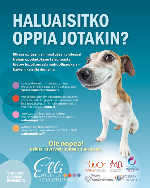 Taide- ja koulutuskeskus Ellin mainosjuliste, jossa koiran kuva sekä tietoa kursseista.