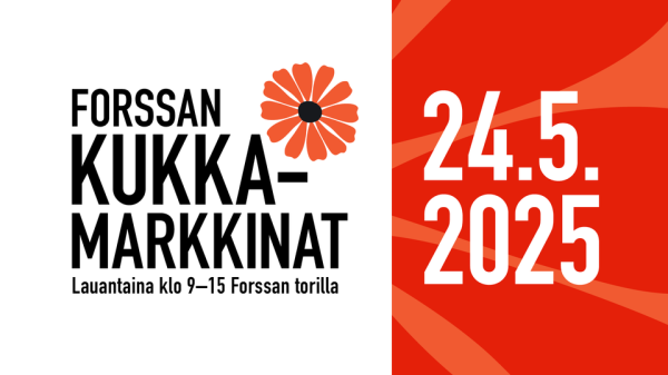 Kukkamarkkinoiden mainosjuliste, jossa kukka ja tapahtuman nimi ja päivämäärä.