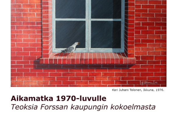 Taidenäyttelyn mainos, jossa lokki punatiilisen rakennuksen ikkunalaudalla.