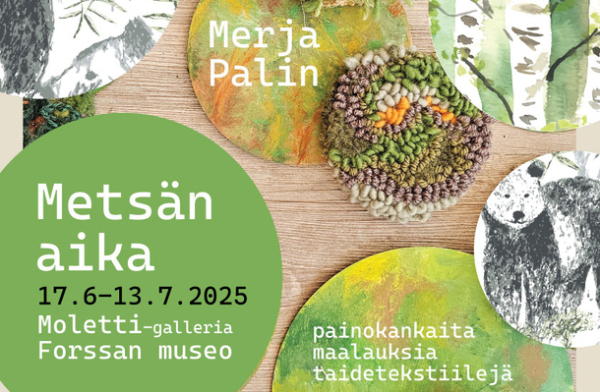 Taidenäyttelyn mainosbanneri, jossa pyöreitä taideteoksia.