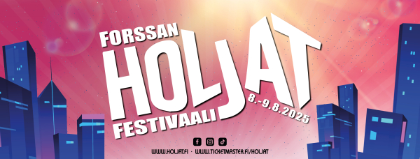 Festivaalien mainosbanneri, jossa tekstiä ja taloja.