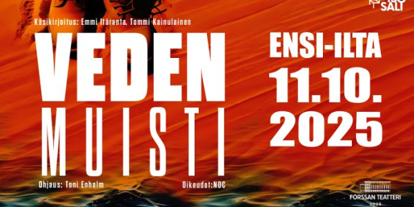 Forssan Teatterin mainos, jossa näytelmän tiedot punaisella pohjalla.