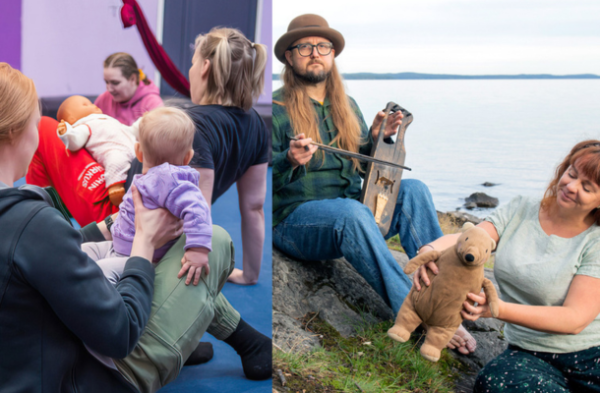Pieniä lapsia aikuisten sylissä sekä muusikko soittimineen