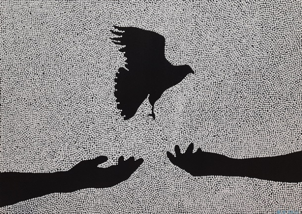 Taideteos, jossa kaksi ojentuvaa kättä sekä lintu.