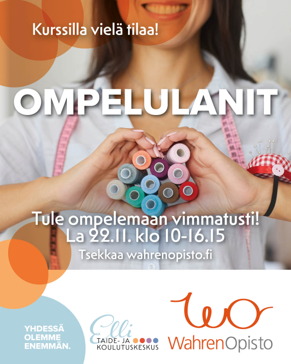 Ompelutapahtuman mainos, jossa nainen pitää käsissään lankarullia.
