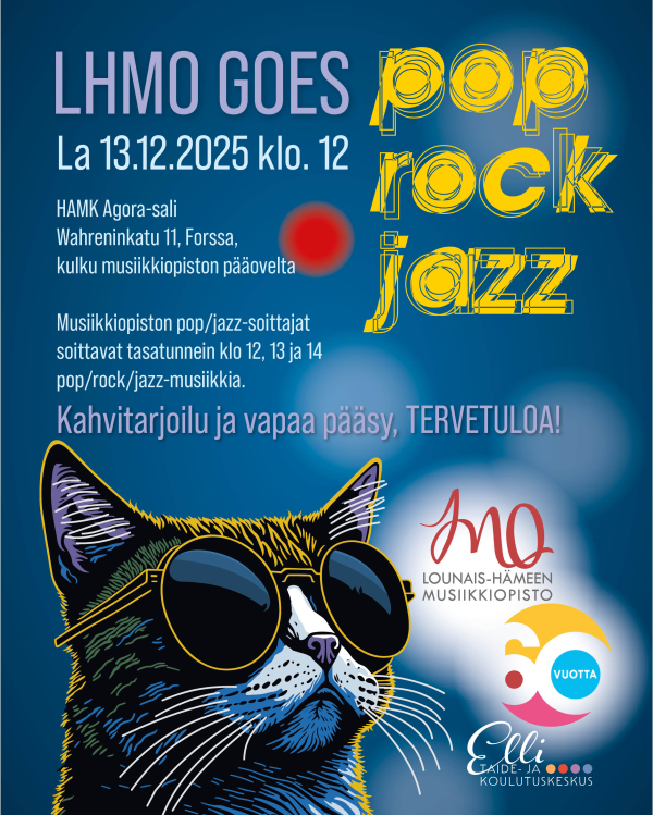 Mainosjuliste, jossa aurinkolasipäinen kissa.