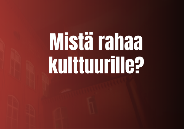 Punainen kuva, jossa sumeana taustalla tiilinen kehräämörakennus. Tekstinä päällä