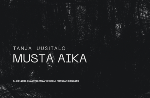 Mustavalkoinen abstrakti taideteos, jonka päällä tekstinä Tanja Uusitalo Musta aika.