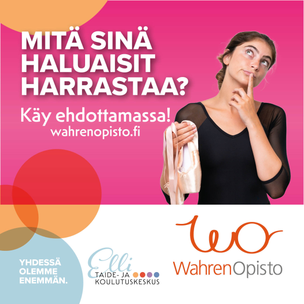 Wahren-opiston mainos, jossa mietteliään näköinen nainen seisoo. Tekstinä