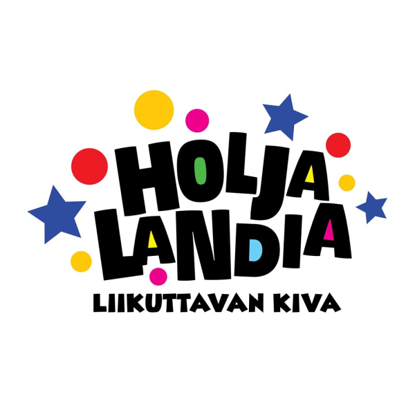 Holjalandian monivärinen mainos, jossa palloja ja tähtiä.