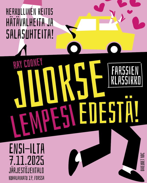 Näytelmän esite, jossa juoksevat jalat, sydämiä sekä keltainen taksi.