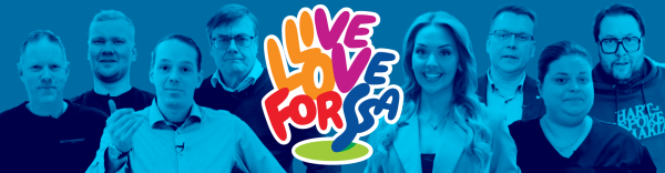 Yrittäjiä vierekkäin sekä värikäs Live Love Forssa -logo.