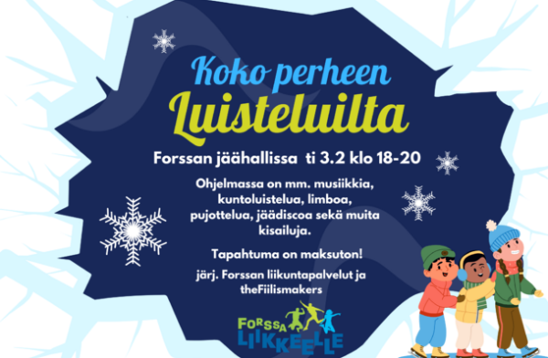 Luistelutapahtuman mainosjuliste, jossa iloisia lapsia sekä lumihiutaleita.