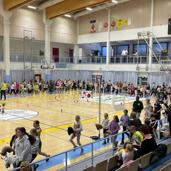 Urheilusali täynnä keppihevosilla laukkaavia koululaisia.