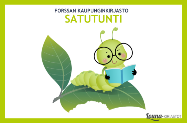 Satutunnin mainos, jossa toukka lukemassa kirjaa silmälasit päässään.