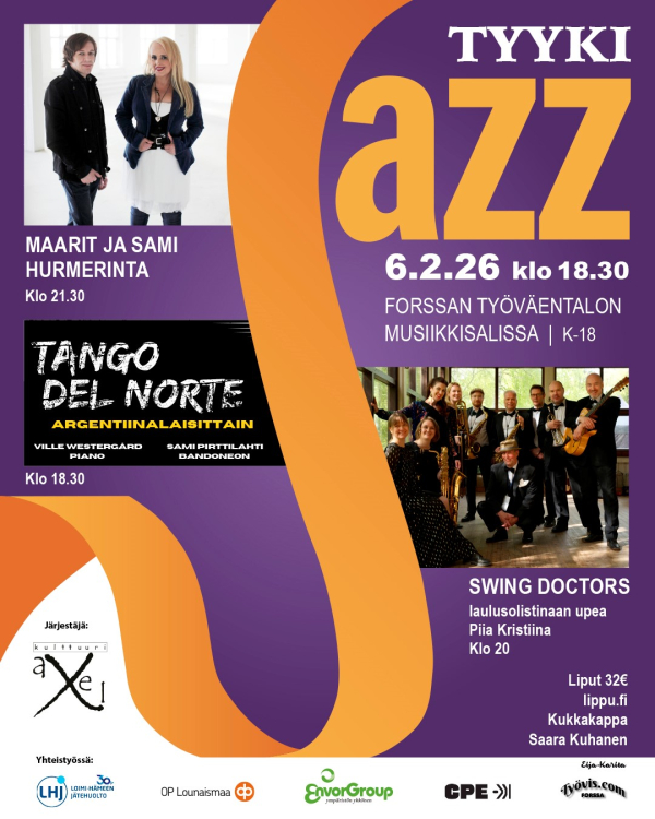 Tyykijazzin juliste, jossa artisteja sekä suuri saksofonia muistuttava J-kirjain.