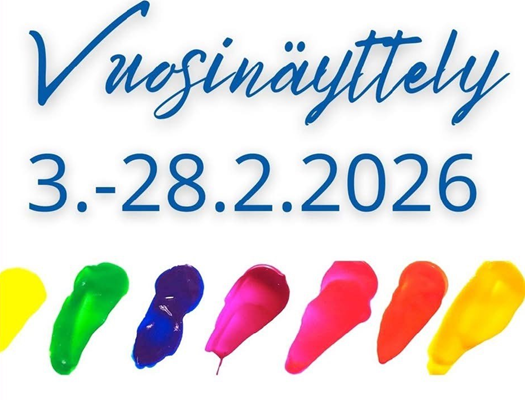 Taidenäyttelyn mainos, jossa erivärisiä maalijälkiä.