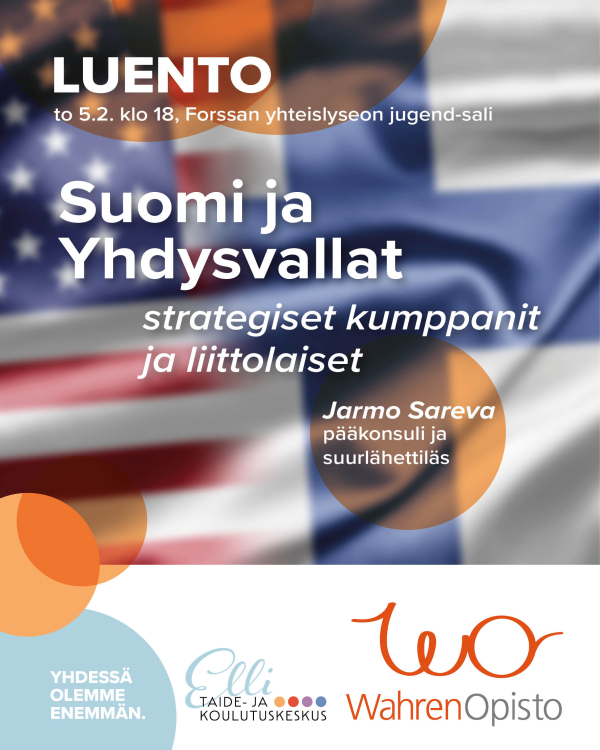 Luennon mainos, jossa Suomen ja Yhdysvaltojen liput.
