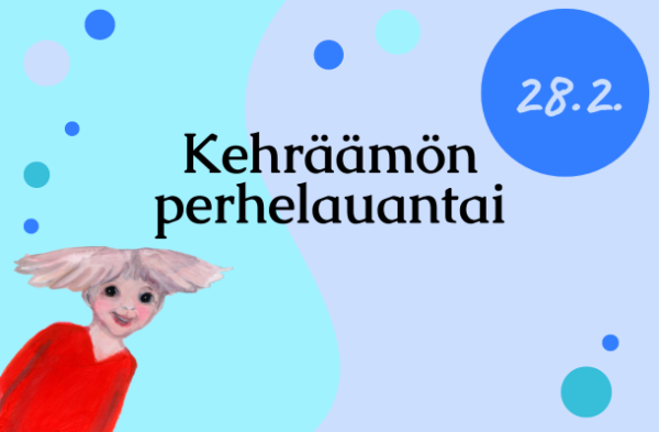 Perhelauantain mainos, jossa hymyilevä hahmo kurkkaa vasemmasta alanurkasta.