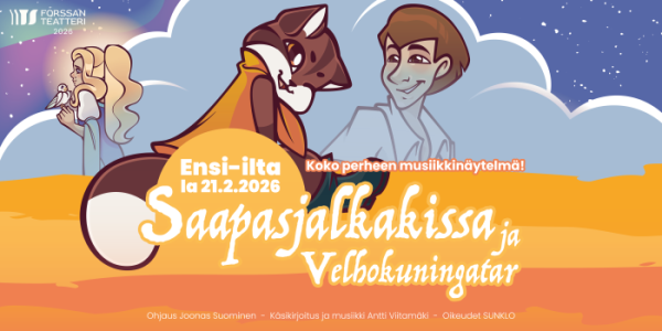 Forssan Teatterin mainos, jossa kissa sekä kaksi ihmistä.