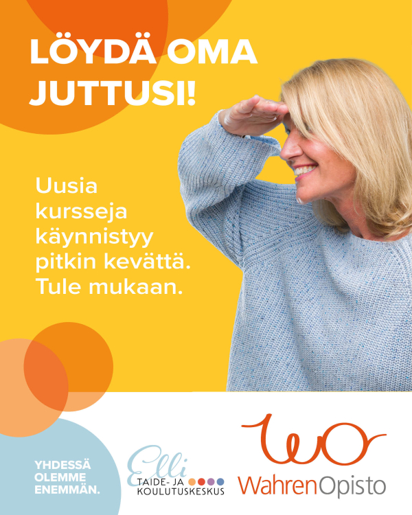 Wahren-opiston mainos, jossa nainen tähyilee horisonttiin. Tekstinä