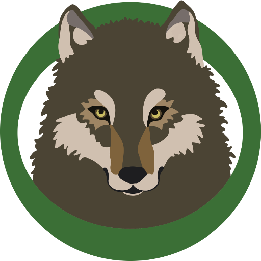 Luontomuseon logo, jossa susi vihreän ympyrän sisällä.