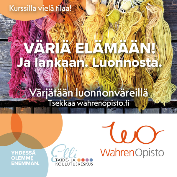 Wahren-opiston kurssi-ilmoittautumisen mainos, jossa värikkäitä lankoja.
