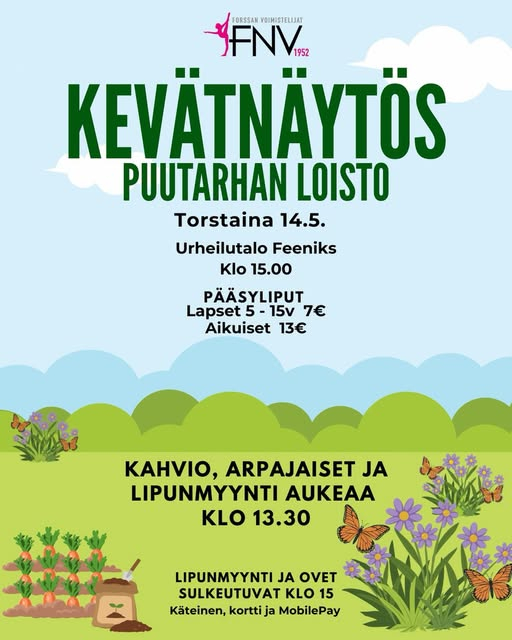 Forssan voimistelijoiden kevätnäytöksen mainosjuliste, jossa kukkia nurmella.