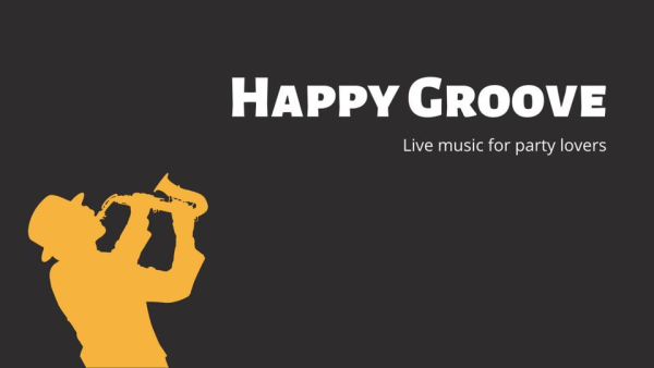 Happy Grooven mainosbanneri, jossa siluettikuva saksofonistista.