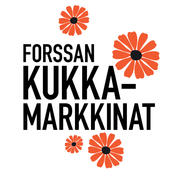 Kukkamarkkinoiden mainos, jossa erikokoisia kukkia.