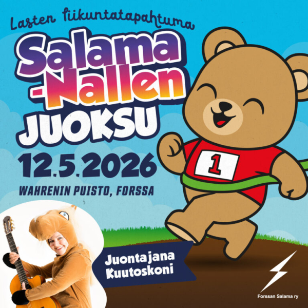 Salama-Nallen juoksun mainos, jossa piirretty nalle juoksee numerolappu rinnassaan.