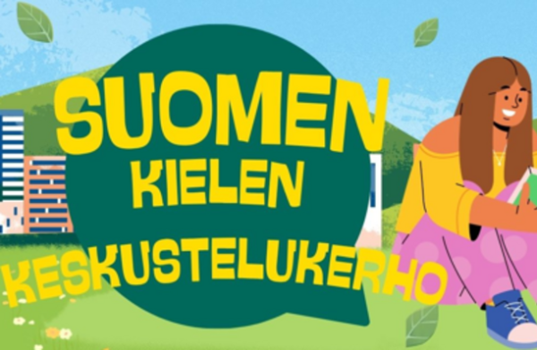 Suomen kielen keskustelukerhon värikäs mainos, jossa piirroshahmo istuu nurmella.