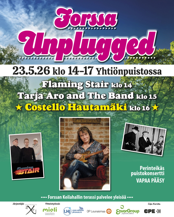 Unplugged-tapahtuman värikäs mainosjuliste, jossa artistien kuvia.
