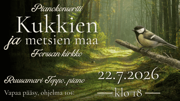Pianokonsertin mainos, jossa lintu istuu oksalla kesäisessä metsässä.