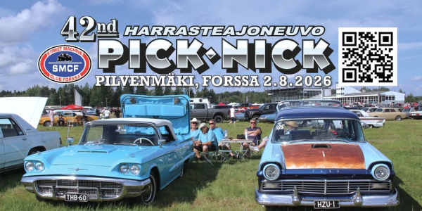 Mainos, jossa vanhoja amerikkalaisia autoja pysäköitynä nurmikentälle.