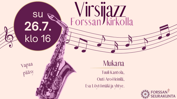 Jazz-tapahtuman mainos, jossa saksofoni ja nuotteja.