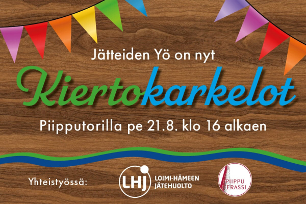Kiertokarkelot-tapahtuman mainos, jossa tekstiä ja viirejä.