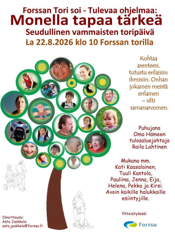 Seudullisen vammaisten toripäivän mainos, jossa puu ja tekstiä.