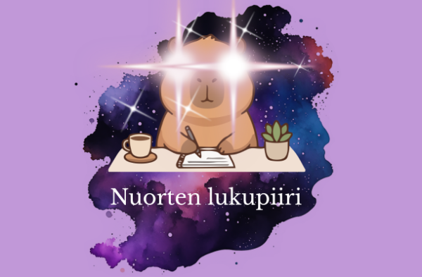 Nuorten lukupiirin mainos, jossa eläin istuu kahvikupin kanssa pöydän ääressä kirjoittamassa.