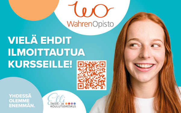 Wahren-opiston kurssi-ilmoittautumisen mainos, jossa nainen katsoo hymyillen sivulleen.